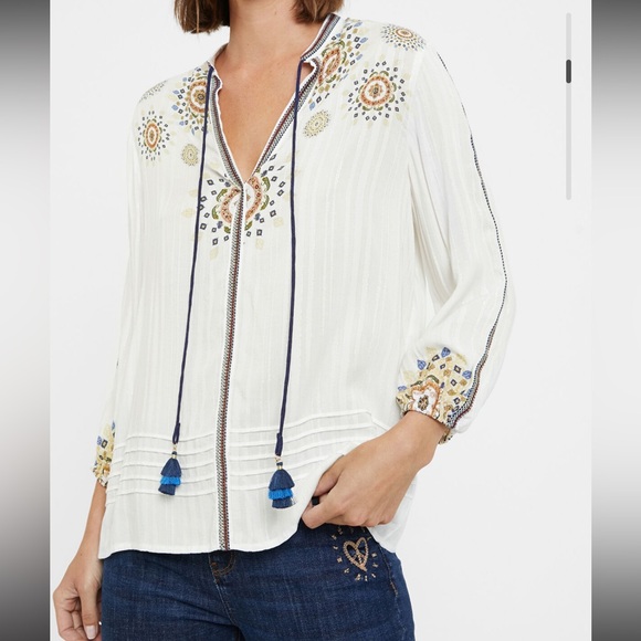 Desigual Tops - Desigual Cream Blouse with Flutter Sleeves and Graphic Embroidery